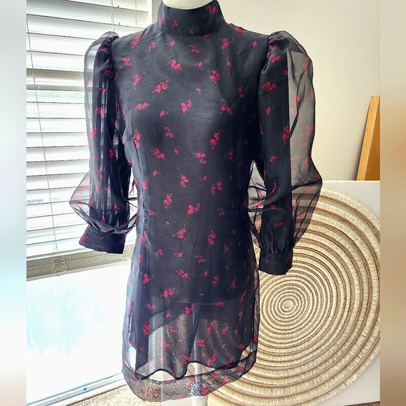 GANNI Puff Sleeve Organza Mini Dress sz. small Spring Cocktail Spring Dress - Picture 1 of 6